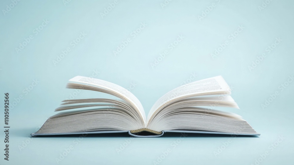 Open book displaying highlighted passages, gentle blue backdrop, dimensional rendering. Open book displaying highlighted passages, gentle blue backdrop, dimensional rendering.