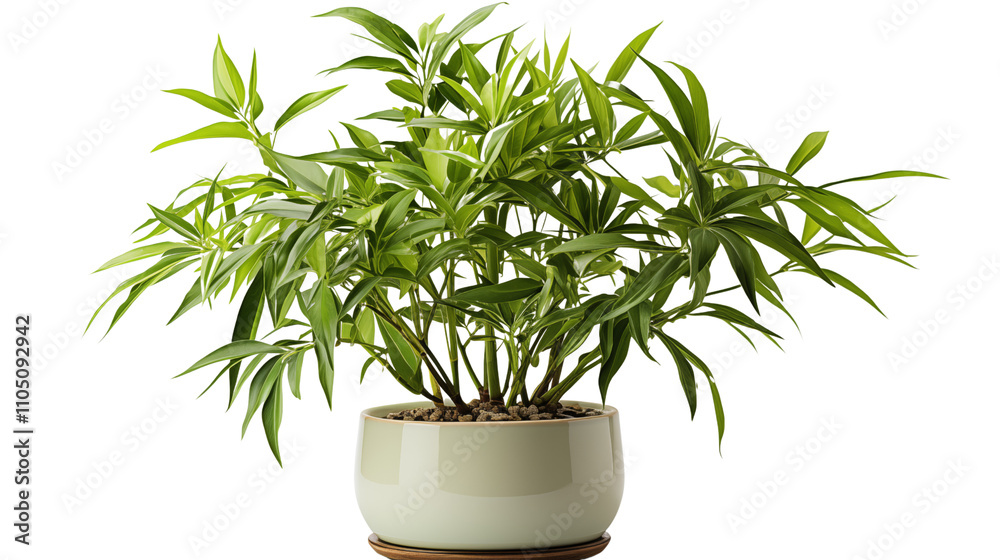 Fototapeta premium A tall and vibrant bamboo plant in a decorative pot, perfect for adding natural beauty and calm to any space, isolated on transparent background.