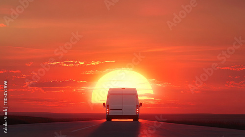 Van Driving into Sunset on Empty Road