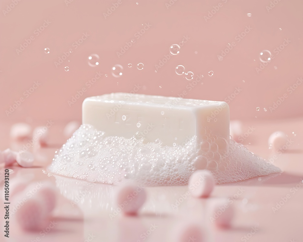A soft, white soap bar rests on a pink surface, surrounded by bubbles and pastel beads, evoking a fresh and clean aesthetic. A soft, white soap bar rests on a pink surface, surrounded by bubbles and pastel beads, evoking a fresh and clean aesthetic.