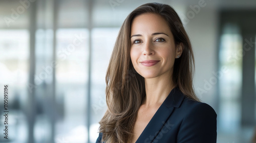 Professional woman in modern office setting, exuding confidence and poise. Her long hair frames warm smile, creating welcoming atmosphere in workspace