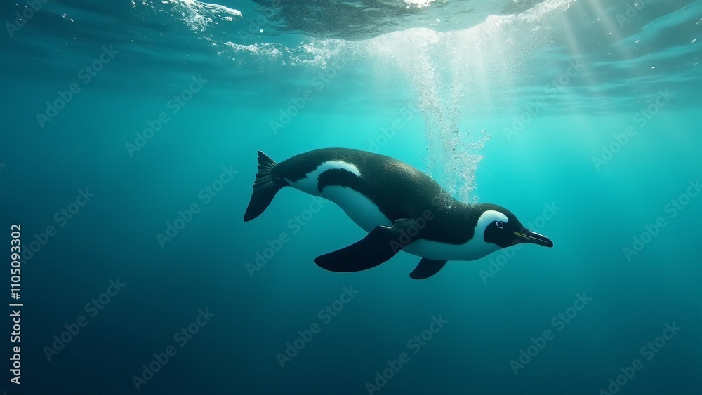 Create a dynamic image of a penguin diving through the clear ocean water, creating a trail of bubbles. The scene should capture its speed, agility, and the vibrant underwater world. Create a dynamic image of a penguin diving through the clear ocean water, creating a trail of bubbles. The scene should capture its speed, agility, and the vibrant underwater world.