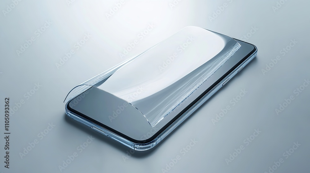 he image shows a smartphone with a blank screen, sitting on a wet surface that is lit by pink and blue lights, reflecting on the surface and the phone.