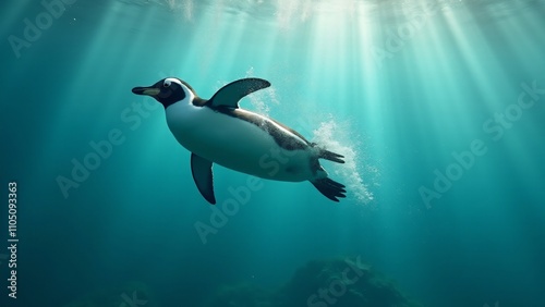 Create a dynamic image of a penguin diving through the clear ocean water, creating a trail of bubbles. The scene should capture its speed, agility, and the vibrant underwater world. photo