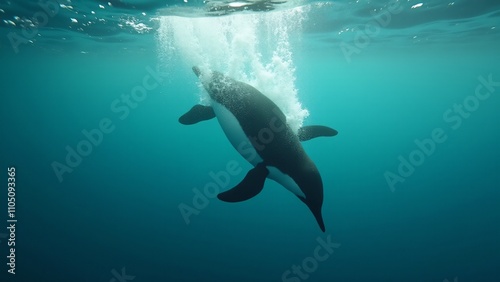 Create a dynamic image of a penguin diving through the clear ocean water, creating a trail of bubbles. The scene should capture its speed, agility, and the vibrant underwater world. photo