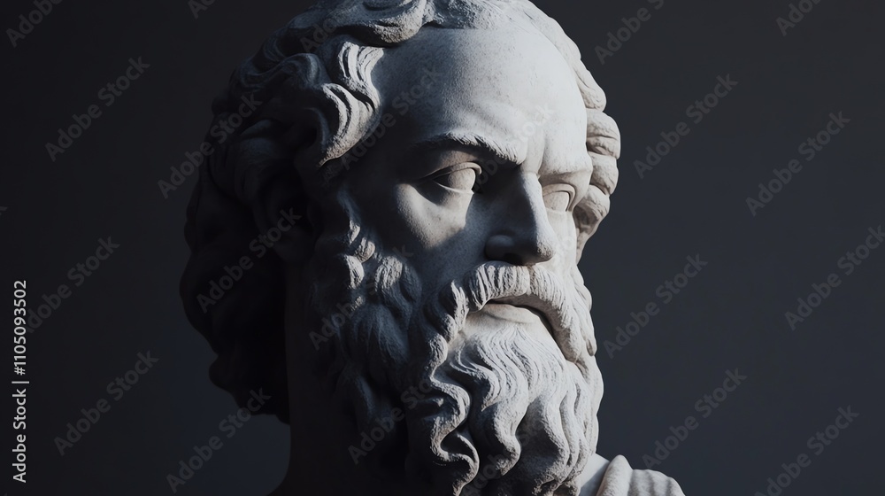 A close-up of a white marble bust of an ancient Greek man with a beard. A close-up of a white marble bust of an ancient Greek man with a beard.