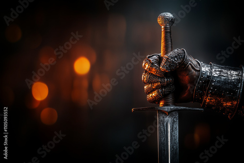 Medieval sword in the hand of a knight in gauntlets close up on a sparkling background. photo