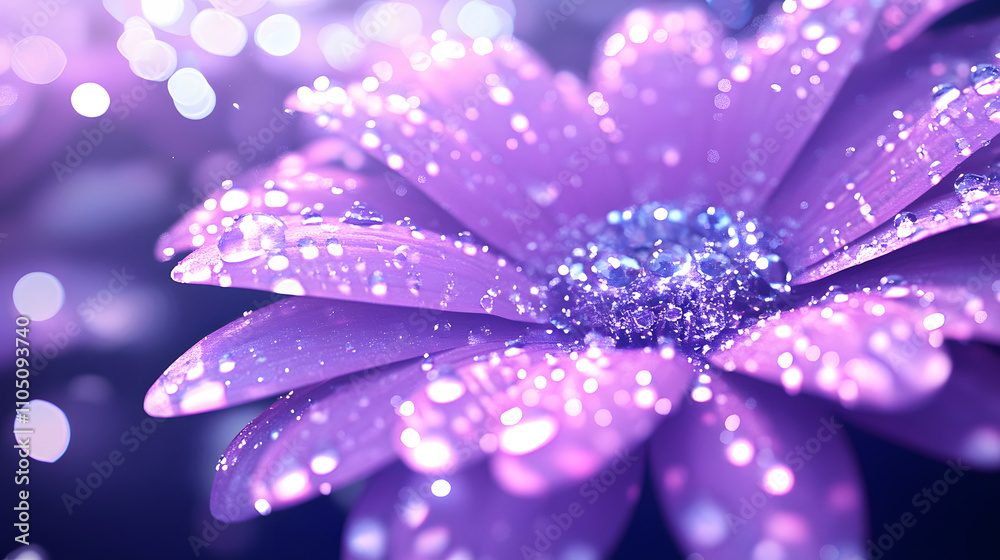 A close-up of a sparkling purple flower, adorned with droplets, creating a dreamy and ethereal atmosphere