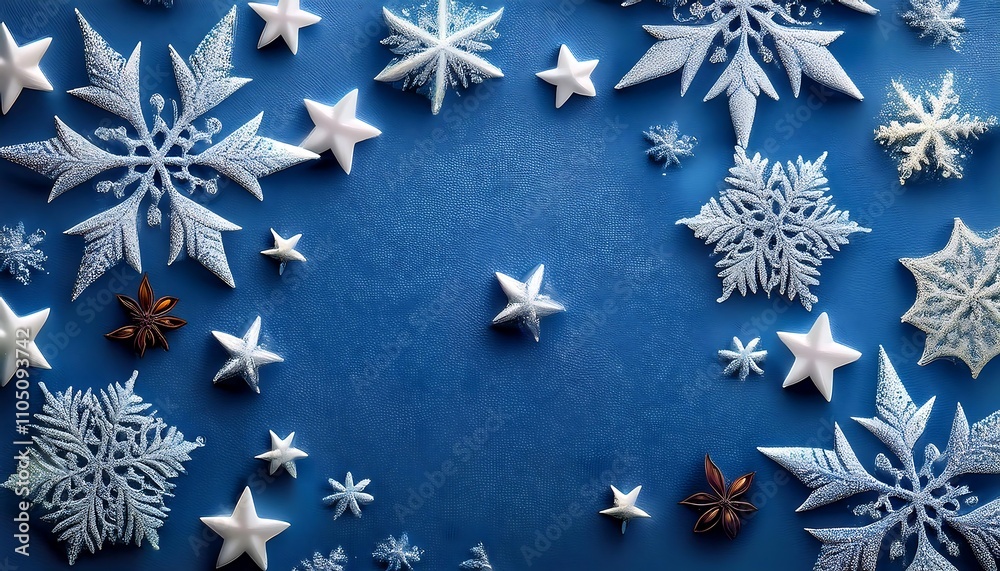 Christmas Background with stars and snowflake on a blue paper Christmas Background with stars and snowflake on a blue paper