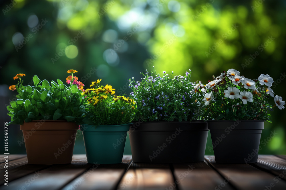 Various beautiful blooming flowers in pots on a garden background, gardening background. Various beautiful blooming flowers in pots on a garden background, gardening background.
