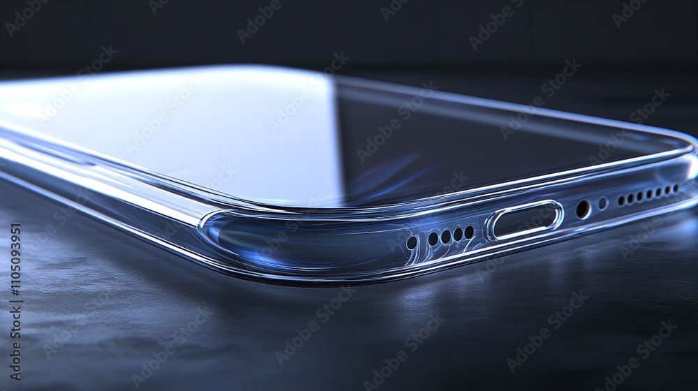 he image shows a smartphone with a blank screen, sitting on a wet surface that is lit by pink and blue lights, reflecting on the surface and the phone.