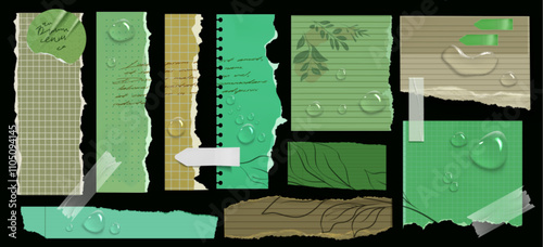Green torn note paper sheet. Memo post label with white tape. Blank strip tag for office notice or message template. Ripped scrapbook square list set. Realistic ragged notepaper element layout