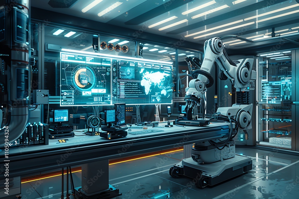 Futuristic robotic workspace with high-tech displays. Futuristic robotic workspace with high-tech displays.