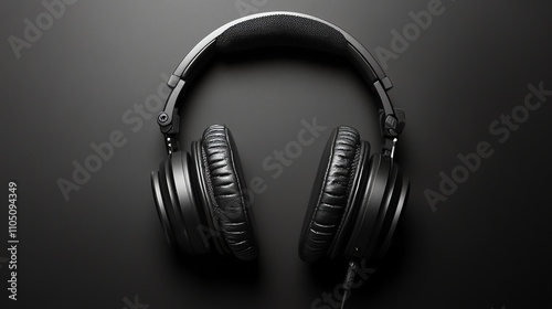 A pair of black headphones on a dark background.