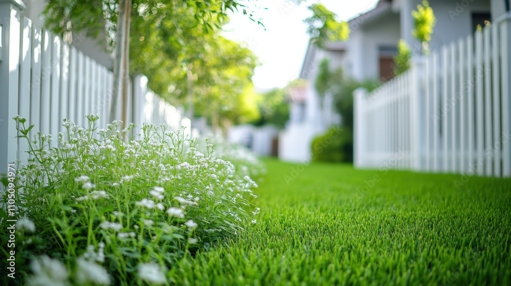 Fototapeta premium Lush green lawn with white flowers alongside white picket fence, creating serene and inviting atmosphere in garden pathway
