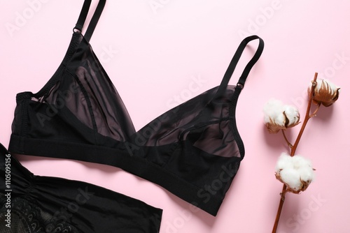 Flat lay with women romantic underwear on color background, top view photo