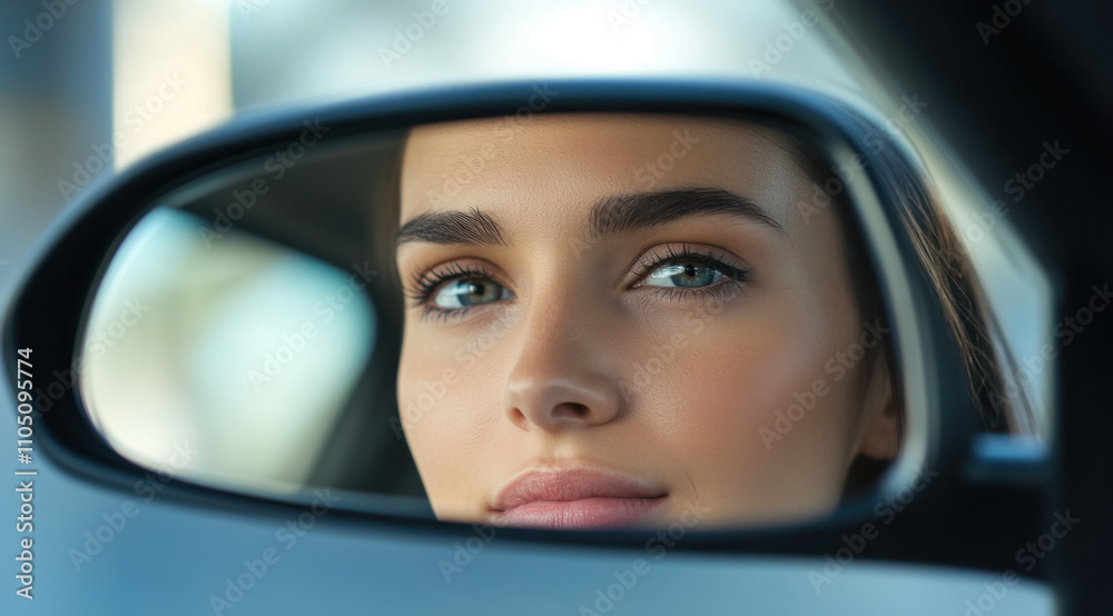 woman gazes thoughtfully in car side mirror, reflecting on her journey. serene expression and soft lighting create moment of introspection and calm woman gazes thoughtfully in car side mirror, reflecting on her journey. serene expression and soft lighting create moment of introspection and calm