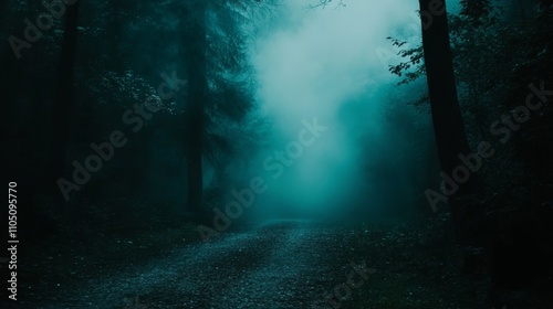 A misty forest path shrouded in eerie blue fog, evoking a sense of mystery and tranquility.