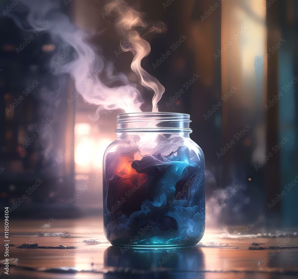 Illustration of glowing and magic dramatic smoke in jar with water reflection. Illustration of glowing and magic dramatic smoke in jar with water reflection.