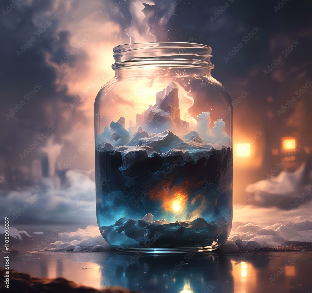 Illustration of glowing and magic dramatic smoke in jar with water reflection.