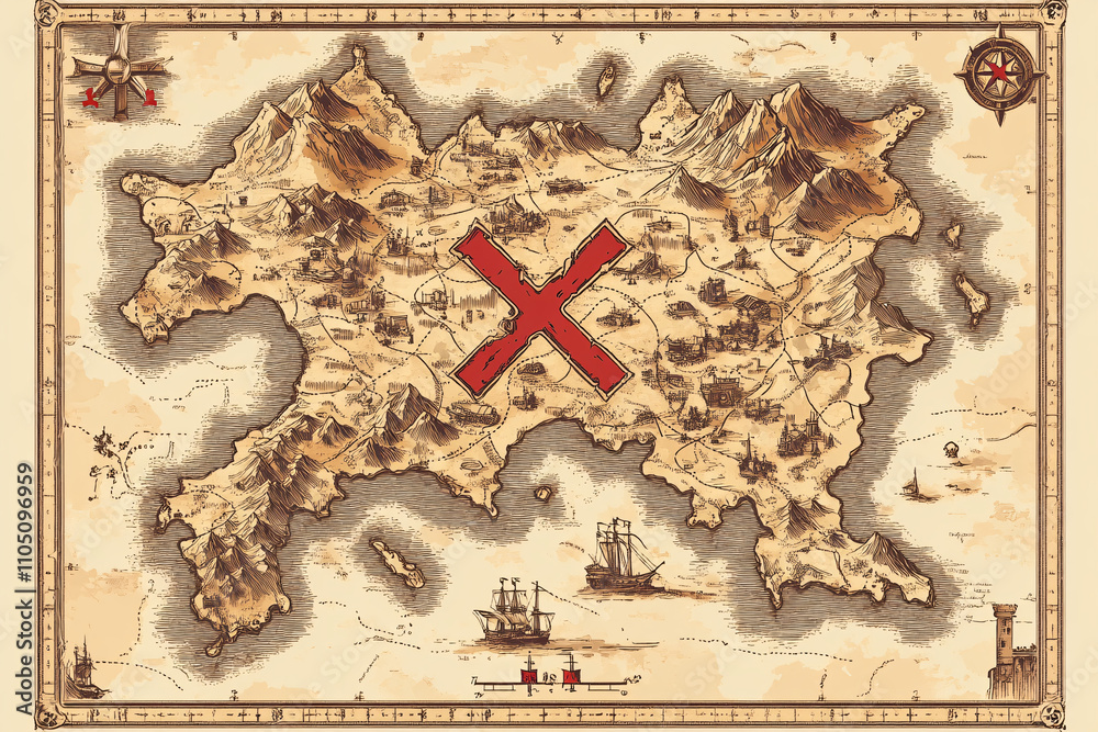 Naklejka premium a highly detailed antique map with a bold red x marking a significant location amidst intricate topographical features 