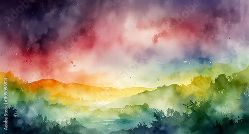 A vibrant and colorful watercolor painting of a scenic landscape, blending bright hues to create a lively and artistic view of nature. 