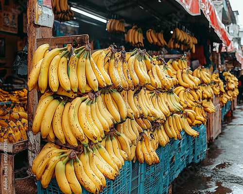 Vibrant banana market scene city street food photography urban environment eye-level view ai generate fresh produce insight photo