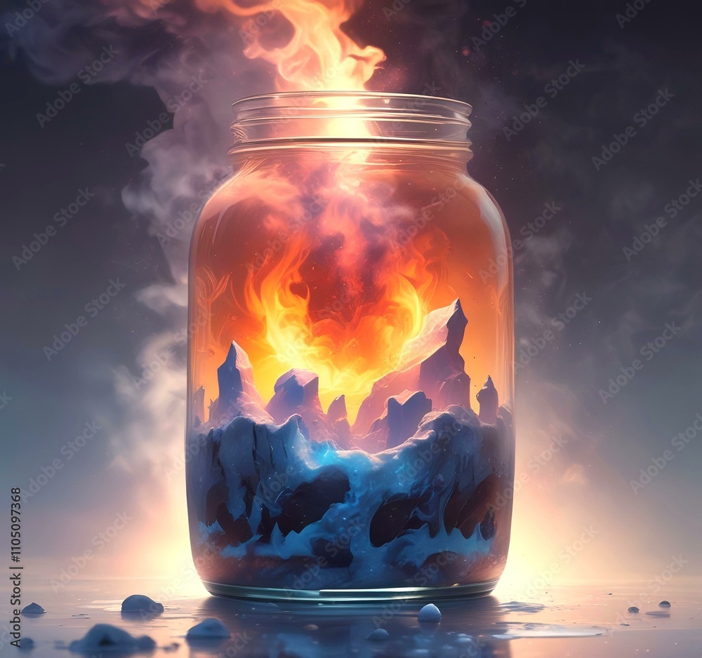 Illustration of glowing and magic dramatic smoke in jar with water reflection. Illustration of glowing and magic dramatic smoke in jar with water reflection.