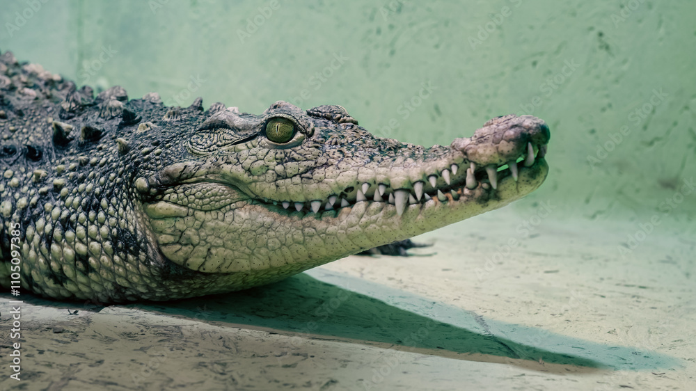 Fototapeta premium crocodile head isolated close up on a green background