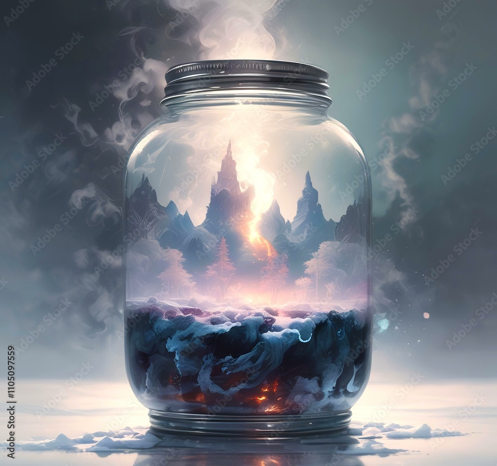 Illustration of glowing and magic dramatic smoke in jar with water reflection.
