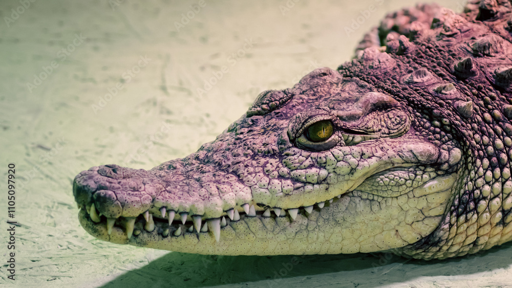 Obraz premium crocodile head isolated close up on a green background