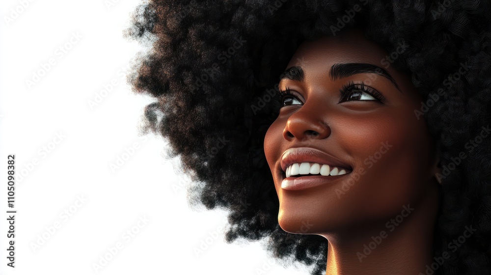 Portrait of a smiling African American woman with afro hair, isolated on white background