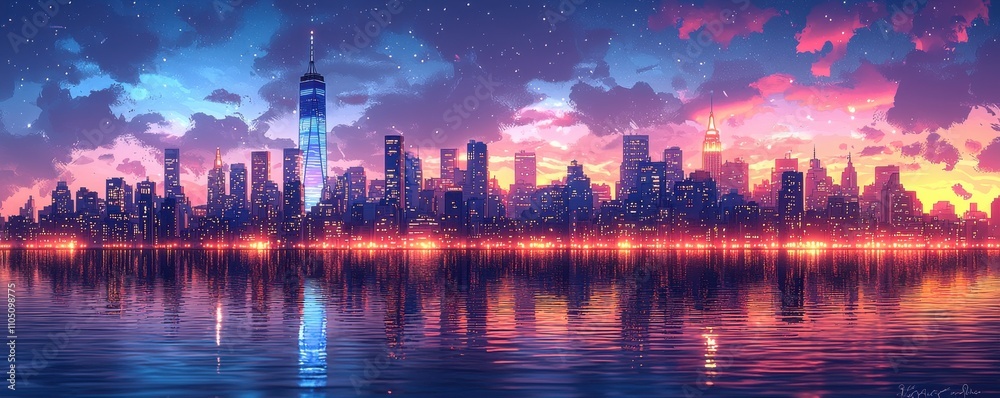 Cartoon city skyline at dusk with sunset reflections on water Cartoon city skyline at dusk with sunset reflections on water