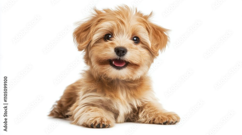 Happy little dog sitting and looking with joyful expression. This adorable puppy has fluffy fur and bright eyes, radiating warmth and playfulness Happy little dog sitting and looking with joyful expression. This adorable puppy has fluffy fur and bright eyes, radiating warmth and playfulness