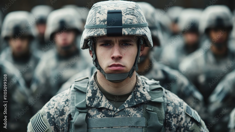 A serious young soldier stands in formation among fellow troops, showcasing military discipline. A serious young soldier stands in formation among fellow troops, showcasing military discipline.