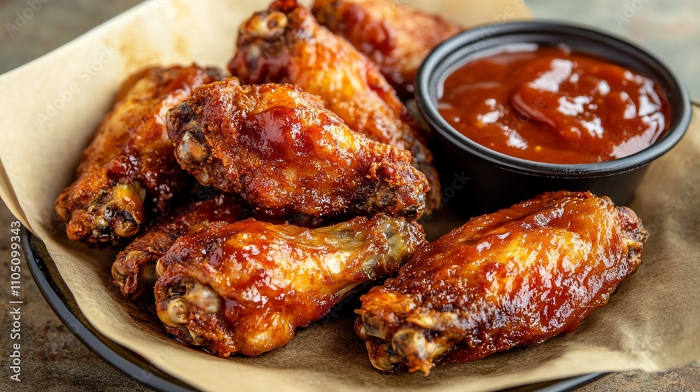 A platter of crispy fried chicken wings with a side of barbecue sauce. A platter of crispy fried chicken wings with a side of barbecue sauce.