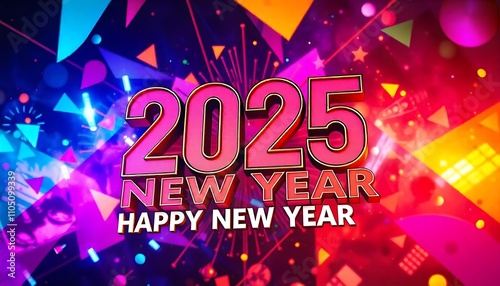 2025 Happy New Year retro style background, with bold, colorful lettering on a colorful abstract background.