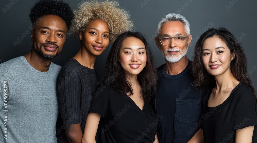 Six people of different ages and ethnicities stand close together in front of a gray backdrop, all smiling and looking directly at the camera Six people of different ages and ethnicities stand close together in front of a gray backdrop, all smiling and looking directly at the camera