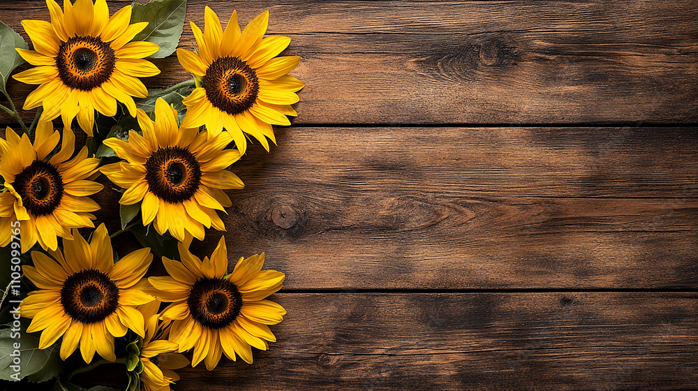 Obraz premium bright yellow sunflowers on a brown wooden table with space for text