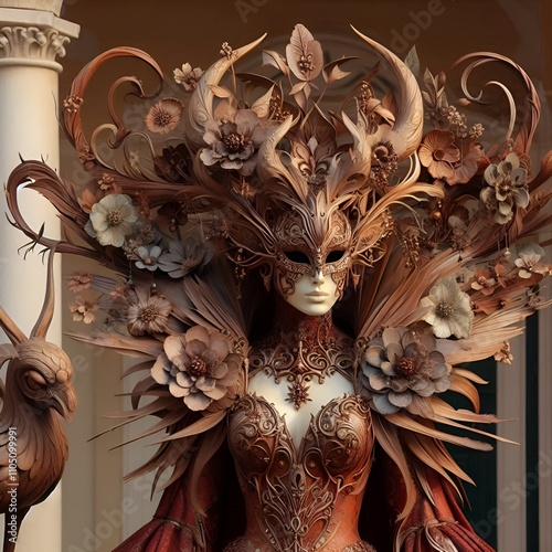 Seorang karakter wanita yang anggun dan misterius mengenakan gaun rumit dengan detail dekoratif yang mewah dan penuh ornamen berbentuk bunga dan dedaunan. Wajahnya ditutupi topeng artistik dengan desa photo