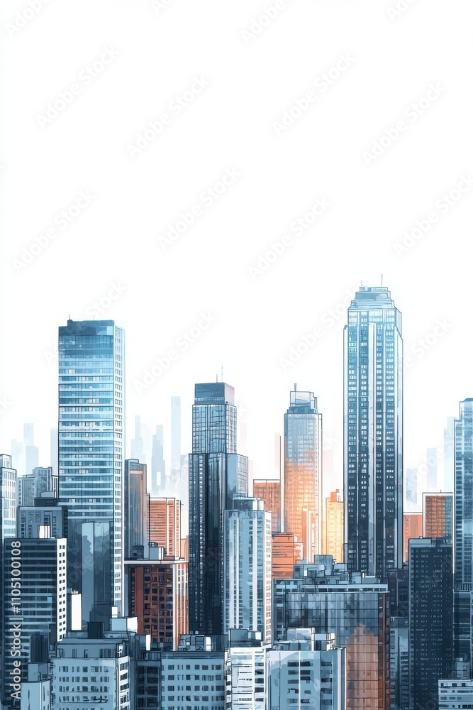 Fototapeta premium Modern city skyline with towering skyscrapers in a monochromatic design