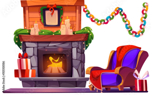 Cozy winter interior with stone fireplace with glowing flames and comfortable armchair near. Christmas decorative garland, lit candles, wrapped gift boxes. Home setting for festive celebrations.