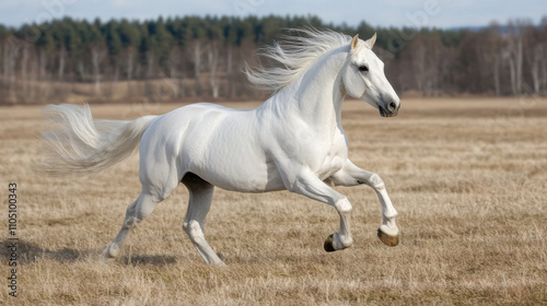 Majestic white stallion running gracefully across open field, showcasing its strength and beauty. flowing mane adds to expressive nature of this magnificent creature photo