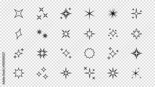 Set of star sparkle shapes with neon glow. Abstract shine effect vector icons in retro futuristic style. Twinkling stars, flashes, and bursts for creative design elements on a transparent bg