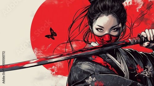 A female samurai with a red mask and headband stands ready with her katana.