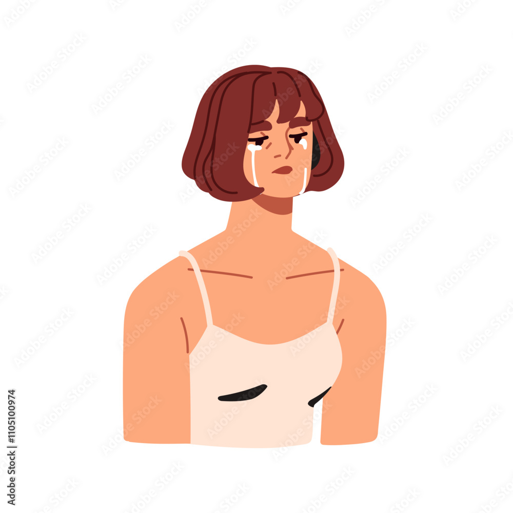 Crying woman in tears. Sad depressed frustrated female weeping in despair, grief and sorrow. Sadness, frustration, melancholy, desperate emotion. Flat vector illustration isolated on white background Crying woman in tears. Sad depressed frustrated female weeping in despair, grief and sorrow. Sadness, frustration, melancholy, desperate emotion. Flat vector illustration isolated on white background