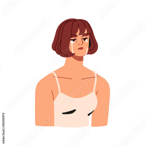 Crying woman in tears. Sad depressed frustrated female weeping in despair, grief and sorrow. Sadness, frustration, melancholy, desperate emotion. Flat vector illustration isolated on white background