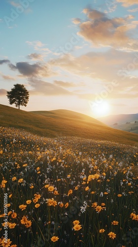 Sunset Sereneity: Golden Meadow and Lone Tree photo