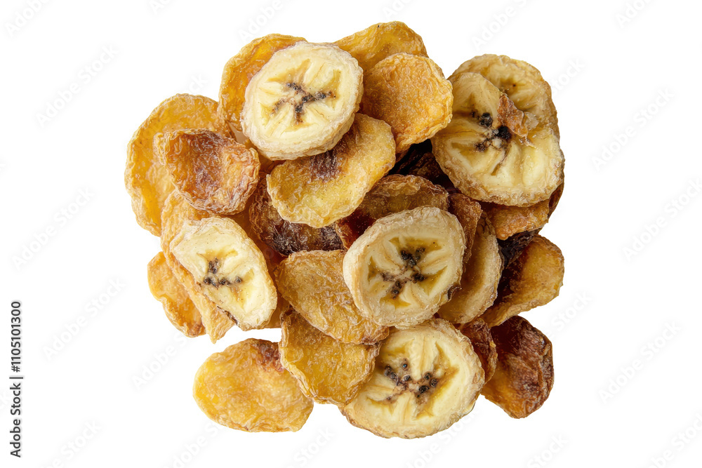 Dried banana chips arranged in a pile, showcasing their golden color and unique texture. Dried banana chips arranged in a pile, showcasing their golden color and unique texture.