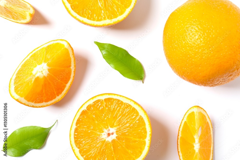 Fresh orange citrus fruit with leaves on white background Fresh orange citrus fruit with leaves on white background